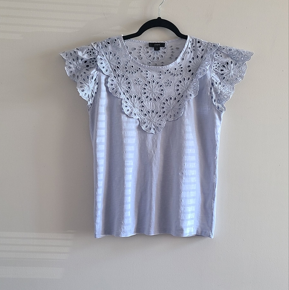 J Crew Light Blue Textured Eyelet Ruffle Cotton Blouse Size Small